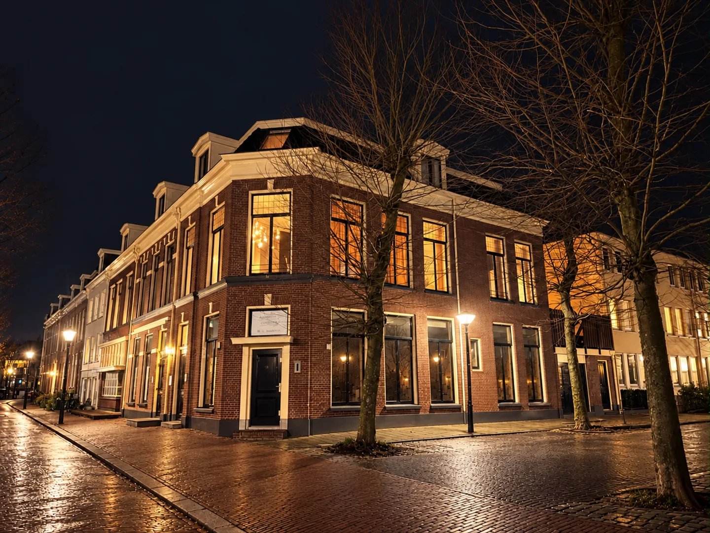 Avondfoto van het hoekpand aan Willemskade 30A, met bakstenen gevels, hoge ramen en een lichte daklijst.